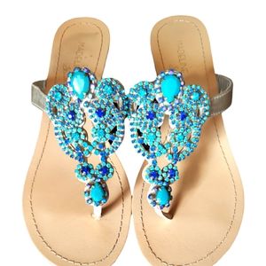 Madeline Stuart Turquoise jeweled wedge sandals sz 6.5
